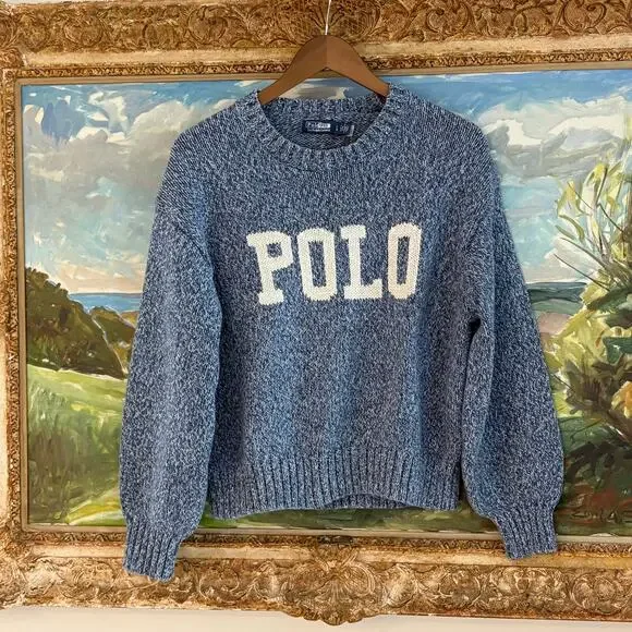 Polo Ralph Lauren Blue Marled Knit Logo POLO Crewneck Sweater Size L - Picture 4 of 11